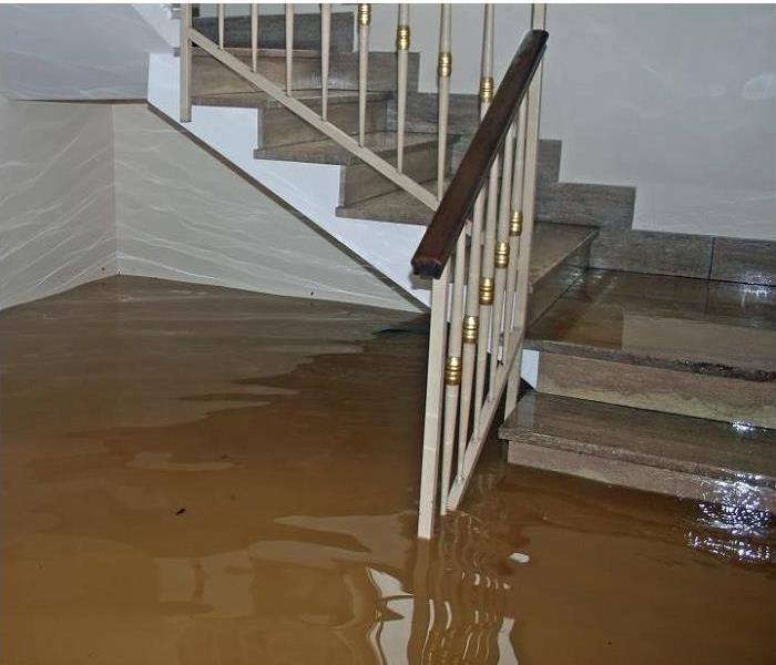 flooded basement; stairs going down to basement